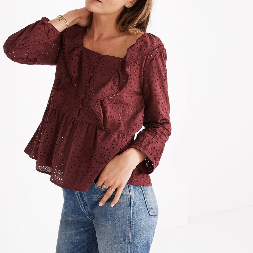 Madewell Eyelet Pom-Pom Top in Burgundy Red Size S Boho Fall Feminine Blouse
